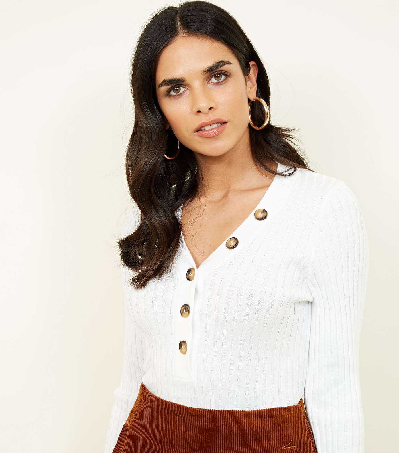 Cream Ribbed Button Front Jumper 