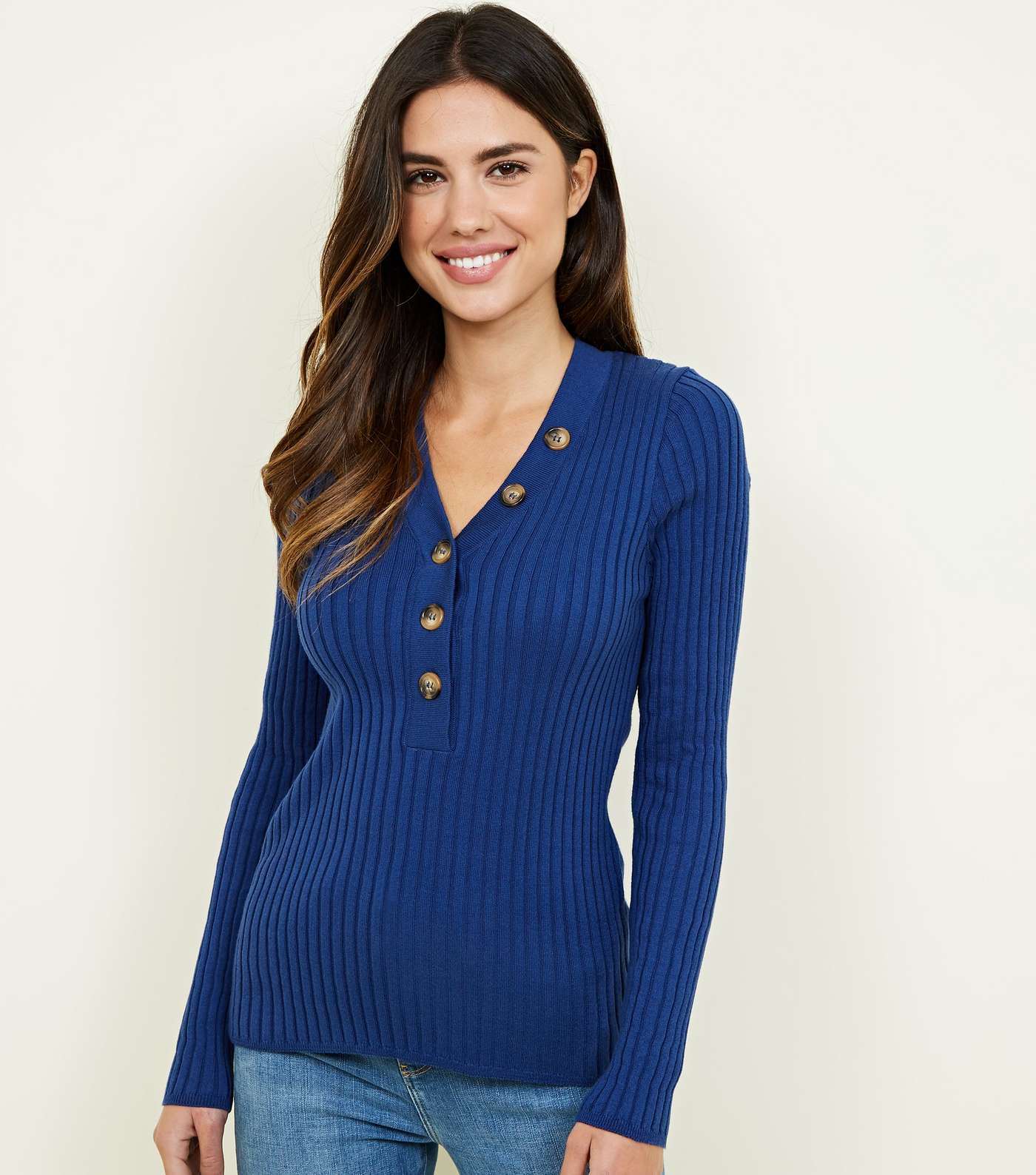 Navy Ribbed Button Front Jumper 