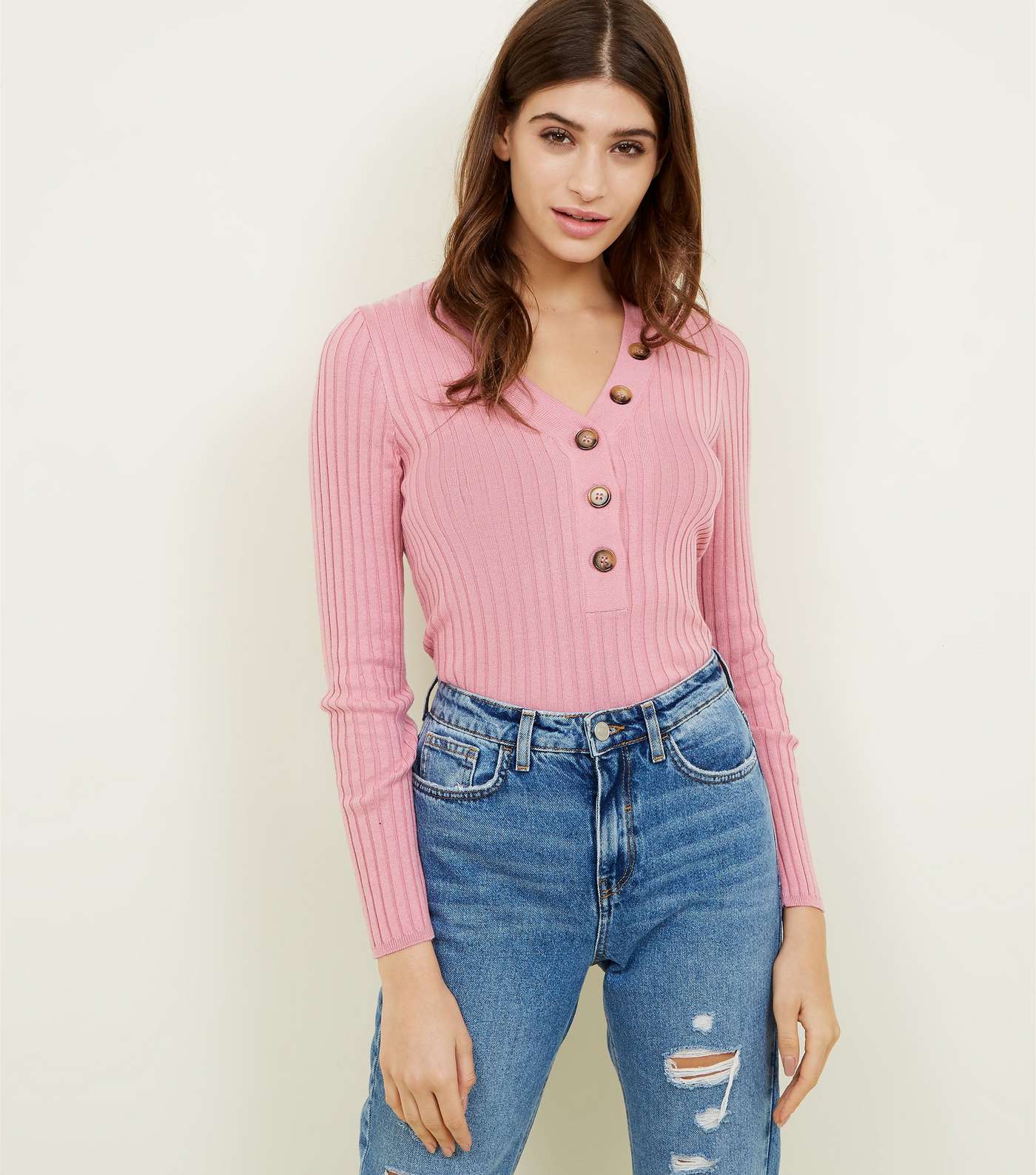 Mid Pink Ribbed Button Front Jumper