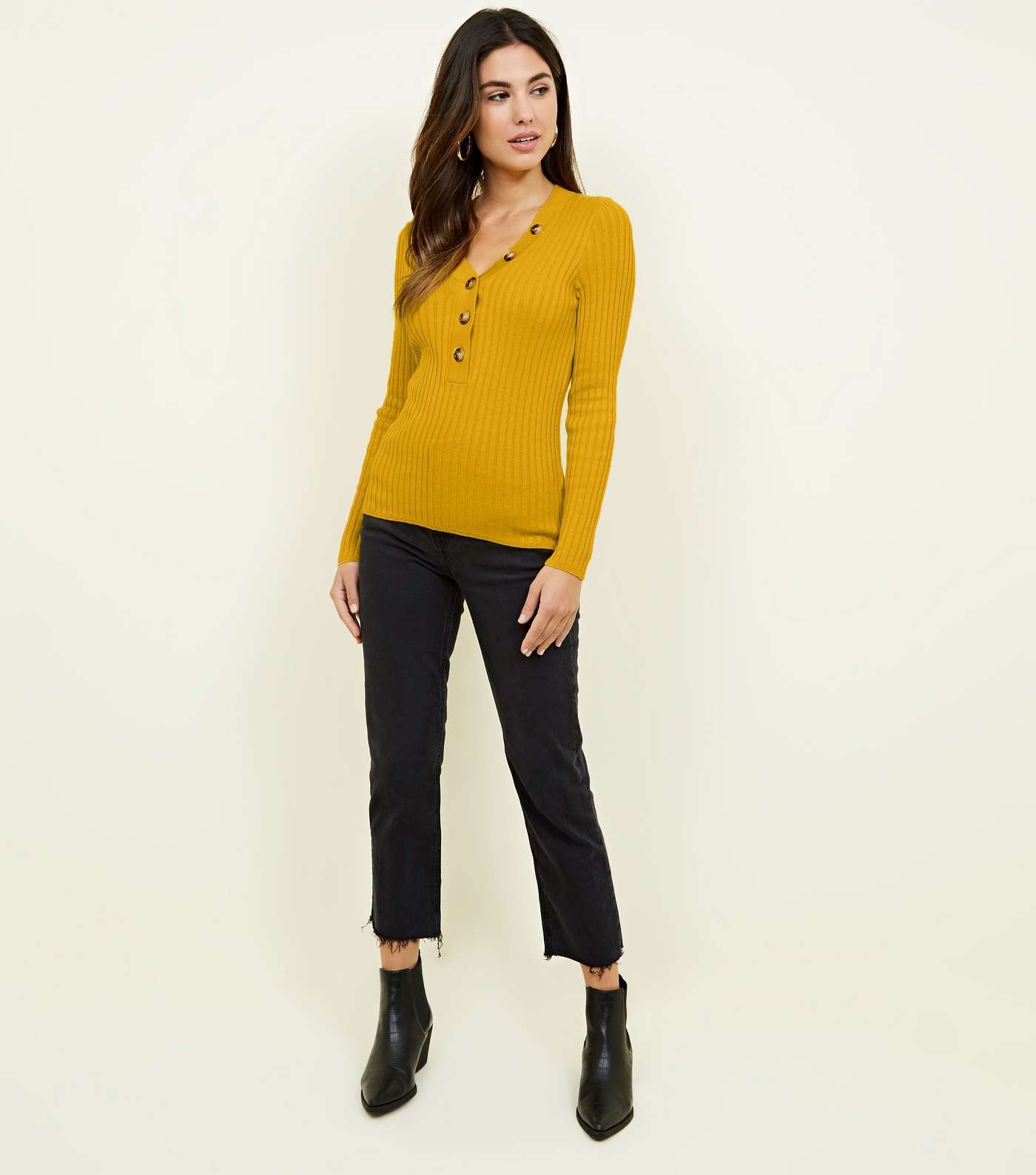 Mustard Ribbed Button Front Jumper Image 2