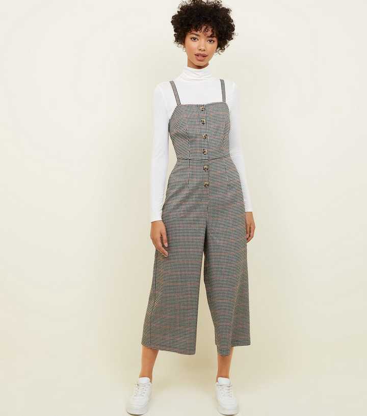 Brown Check Button Front Wide Leg Jumpsuit