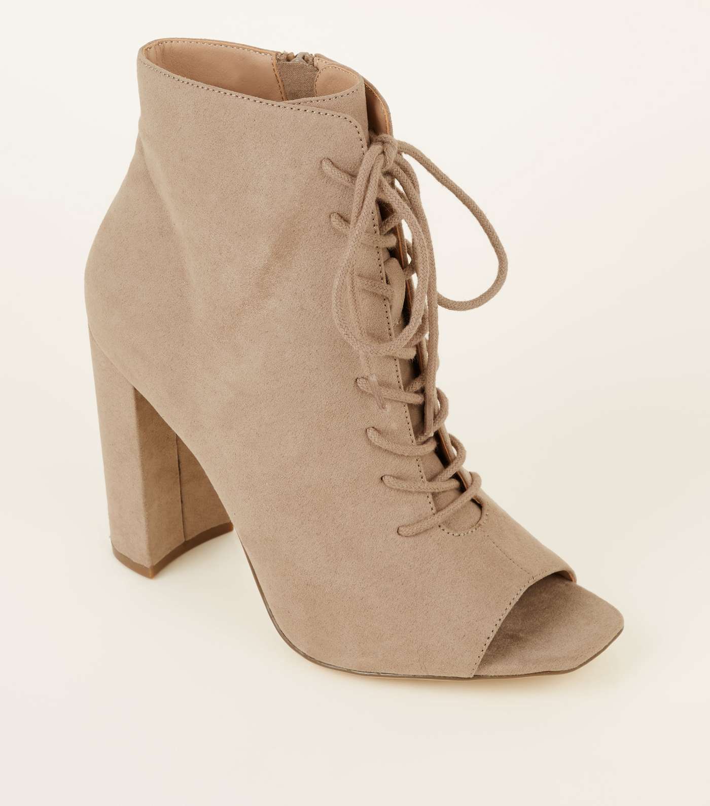 Brown Suedette Lace Up Square Toe Block Heels