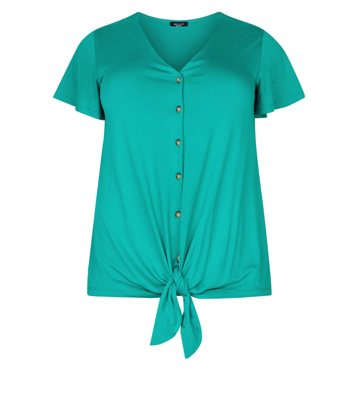 Curves Green Button Tie Front T-Shirt  Image 4