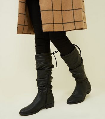 Black Leather-Look Knee High Flat Boots 