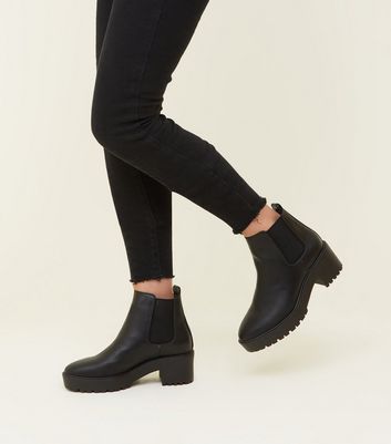 Black Leather-Look Chunky Chelsea Boots 