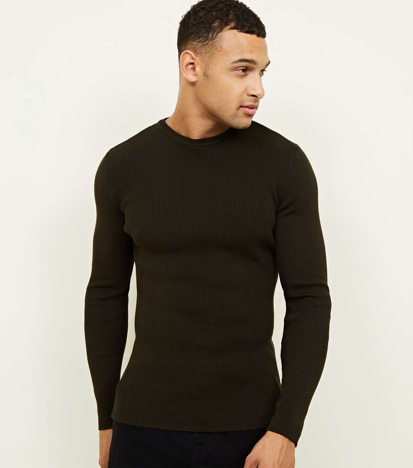 Khaki Muscle Fit Ribbed Jumper