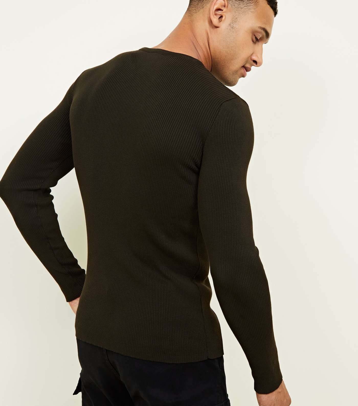 Khaki Muscle Fit Ribbed Jumper Image 3