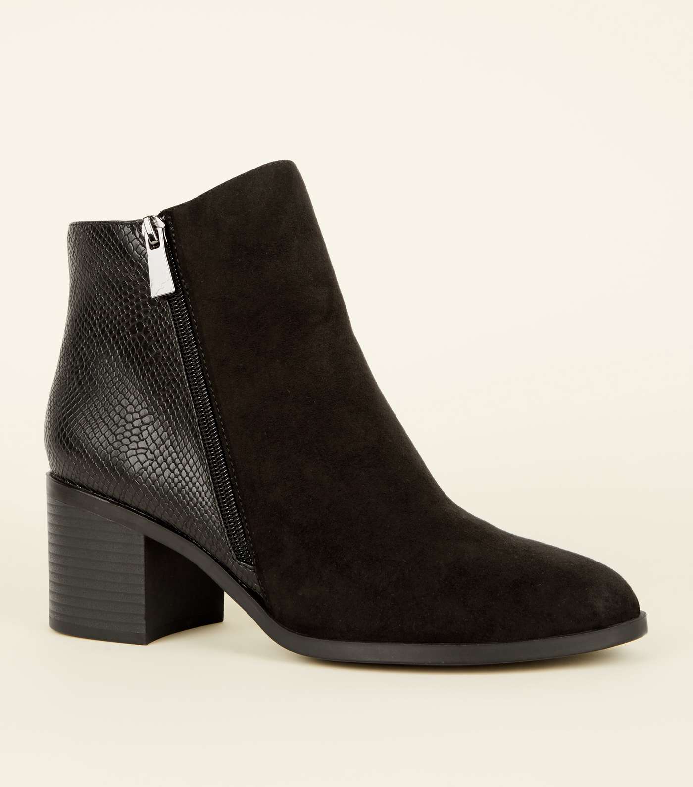 Black Faux Snake and Suedette Block Heel Boots