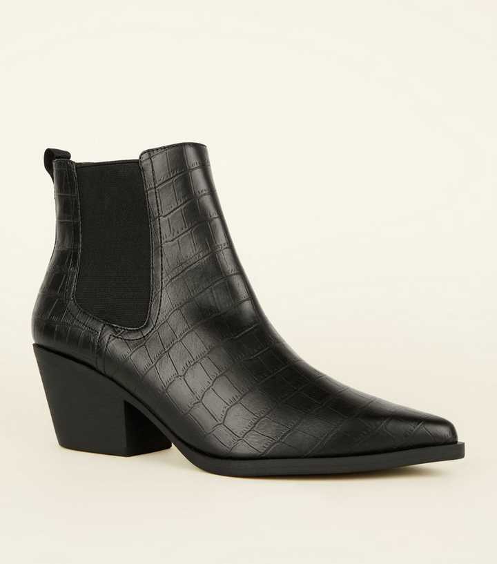 Black Faux Croc Western Chelsea Boots 