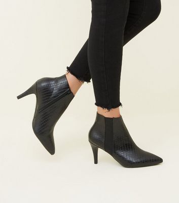 Wide Fit Black Faux Croc Pointed Ankle 