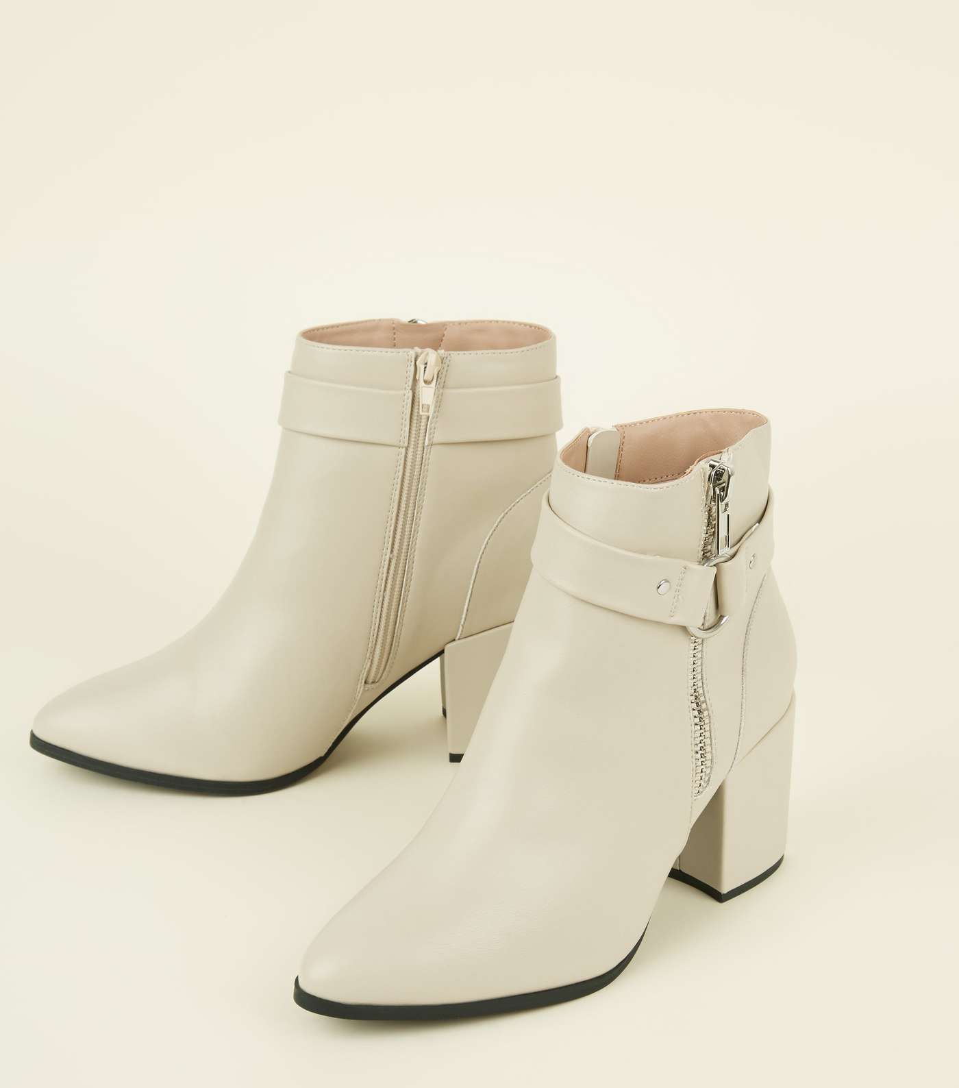 Wide Fit Cream Metal Ring Zip Side Pointed Ankle Boots Image 4