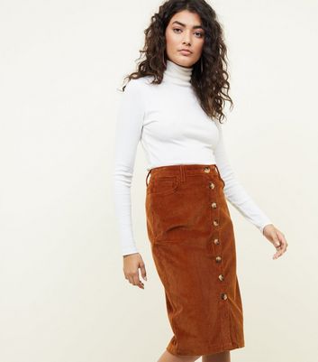 Rust Corduroy Button Through Pencil Midi Skirt New Look