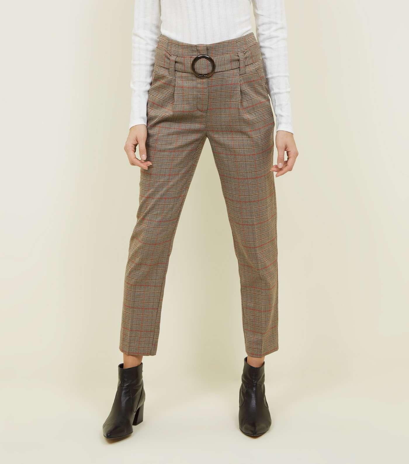 Brown Check High Waist Belted Trousers Image 2