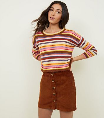 Rust Corduroy Faux Horn Button Through Skirt | New Look