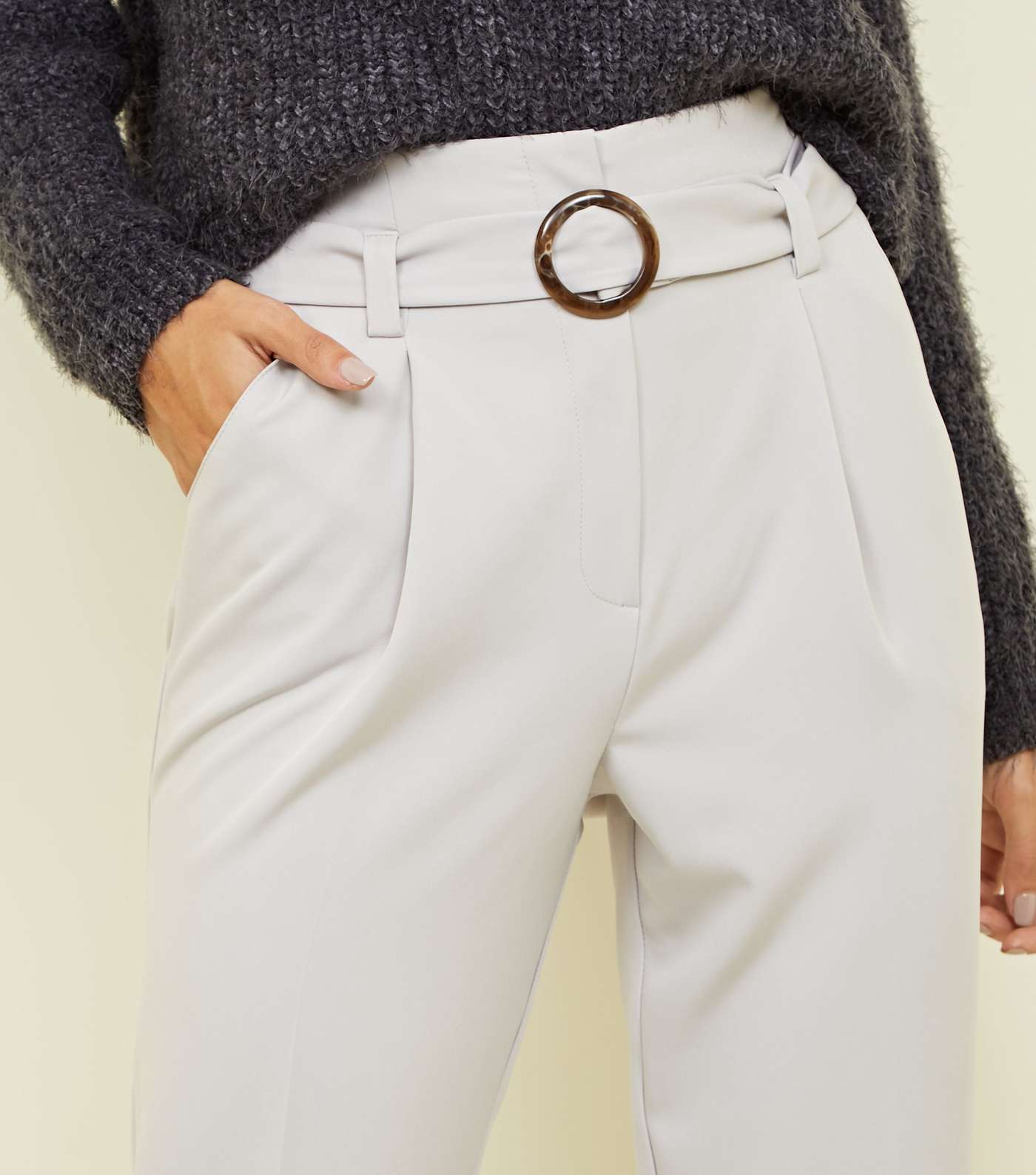 Pale Grey High Waist Buckle Trousers Image 5