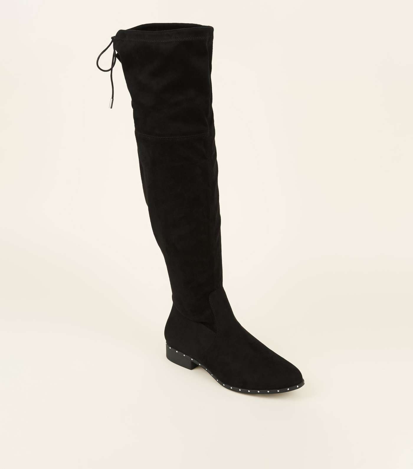 Wide Fit Black Stud Trim Over the Knee Boots