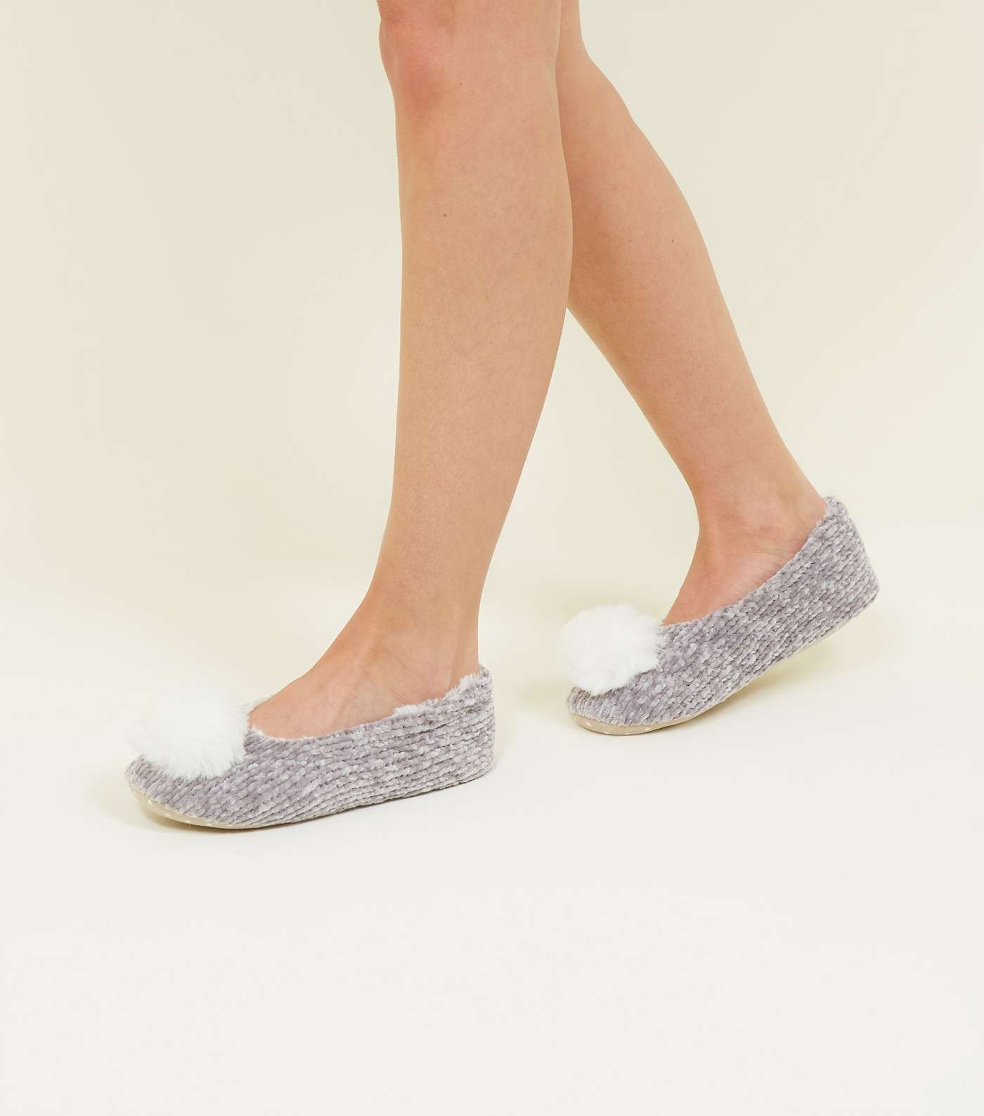 Grey Chenille Knit Pom Pom Slippers Image 2
