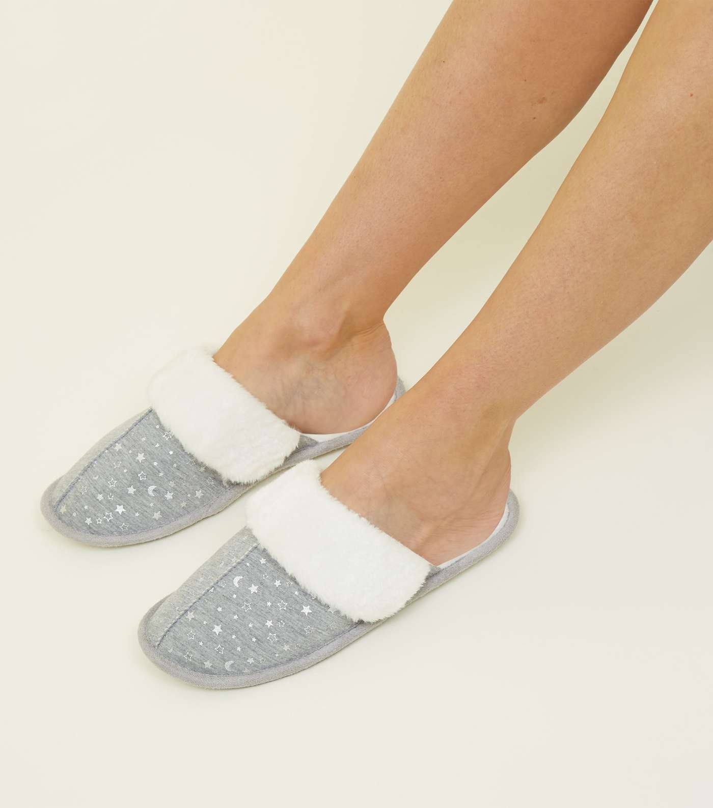 Grey Star Print Faux Fur Lined Mule Slippers Image 2