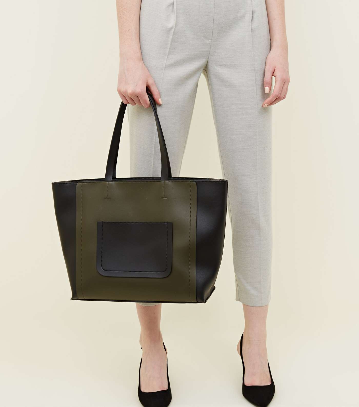 Khaki Leather-Look Colour Block Tote Bag Image 2