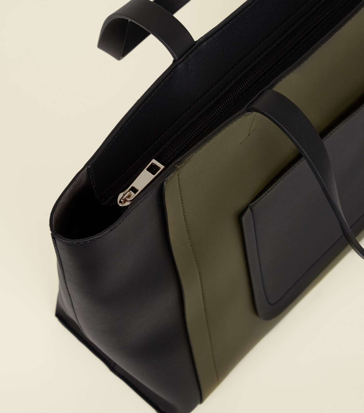 Khaki Leather-Look Colour Block Tote Bag Image 4