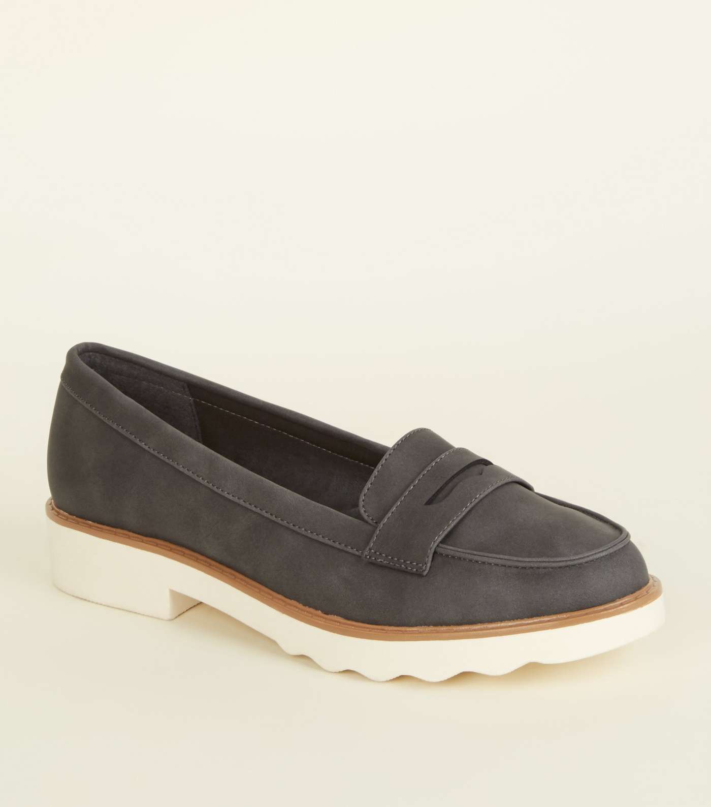 Grey Leather-Look Chunky Penny Loafers