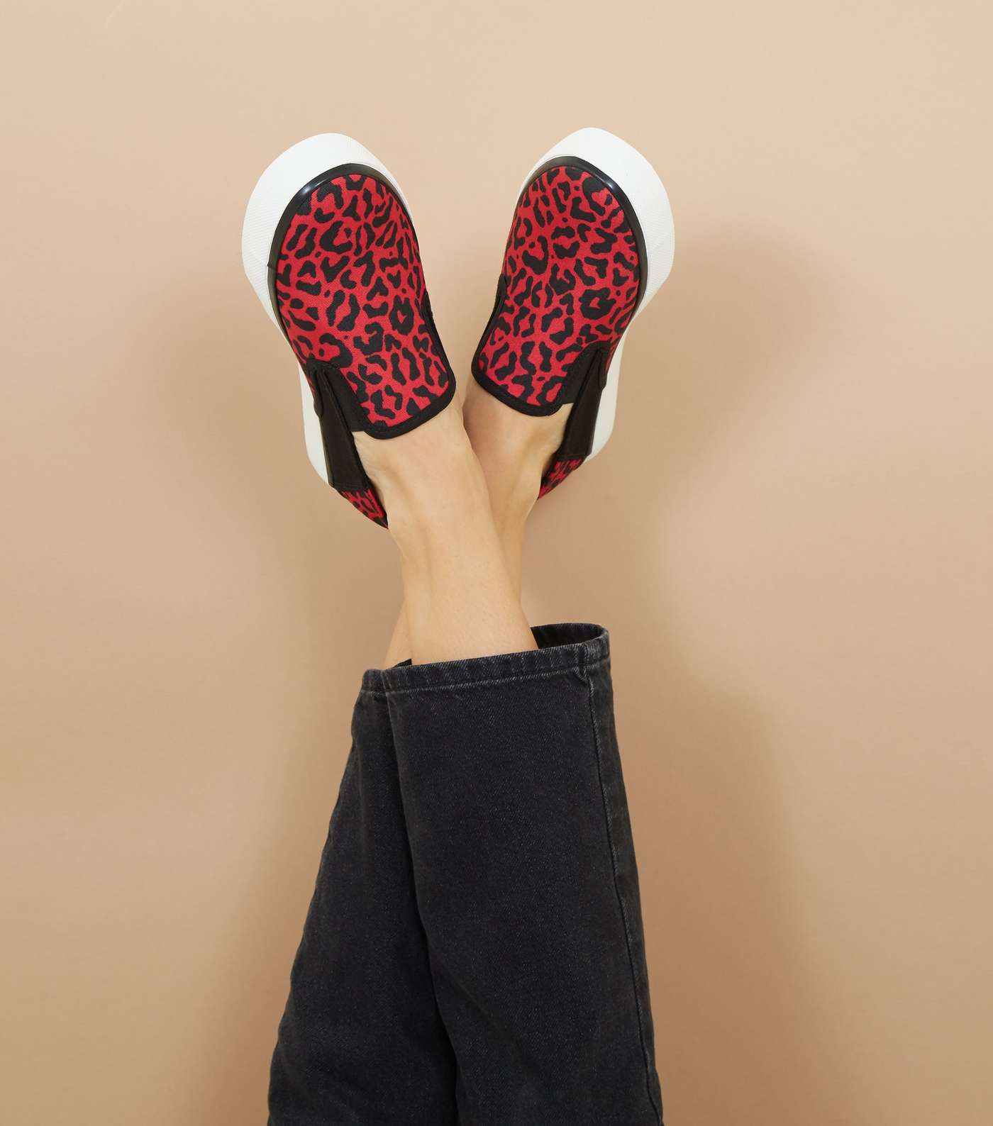 Red Leopard Print Slip On Canvas Trainers Image 2