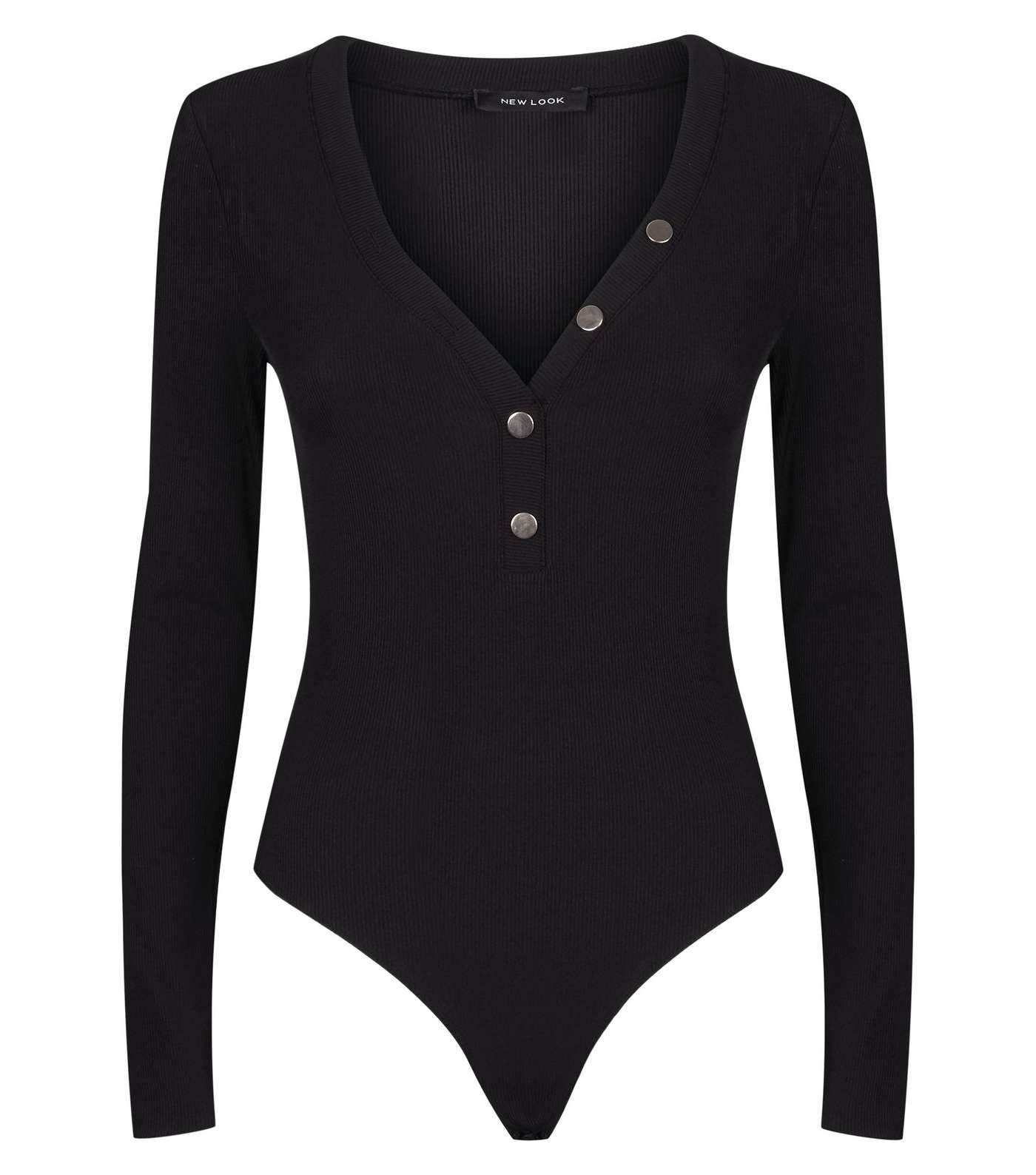 Black Ribbed Button Front Bodysuit  Image 4