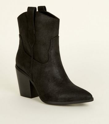 Black Leather-Look Western Calf Boots 