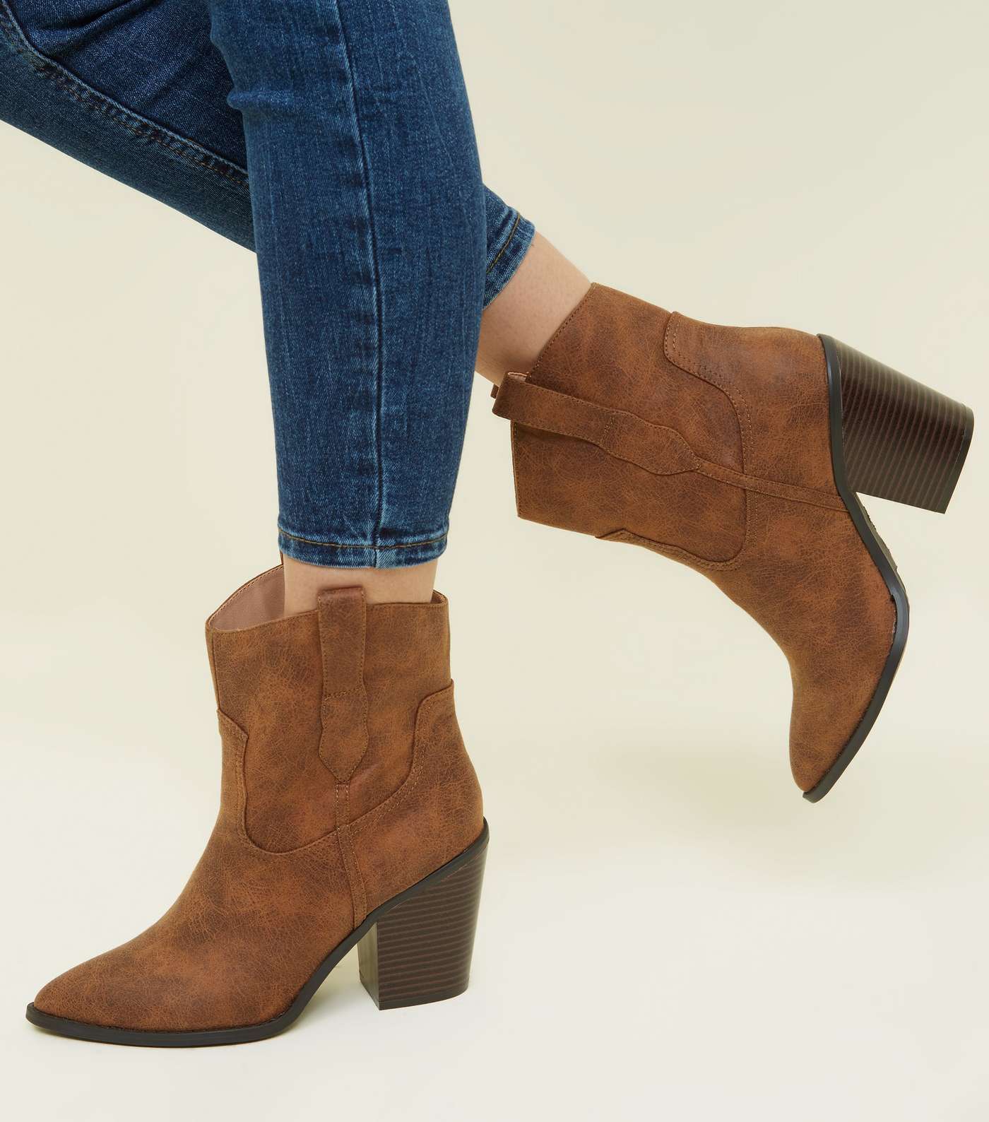 Tan Leather-Look Western Calf Boots Image 2