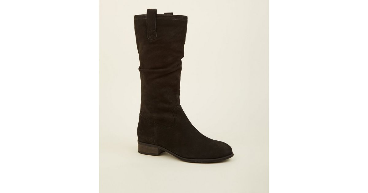 Black Suede Flat Calf Boots | New Look