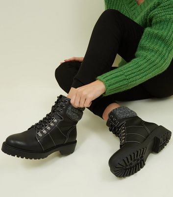 Black Knit Cuff Lace Up Hiker Boots 