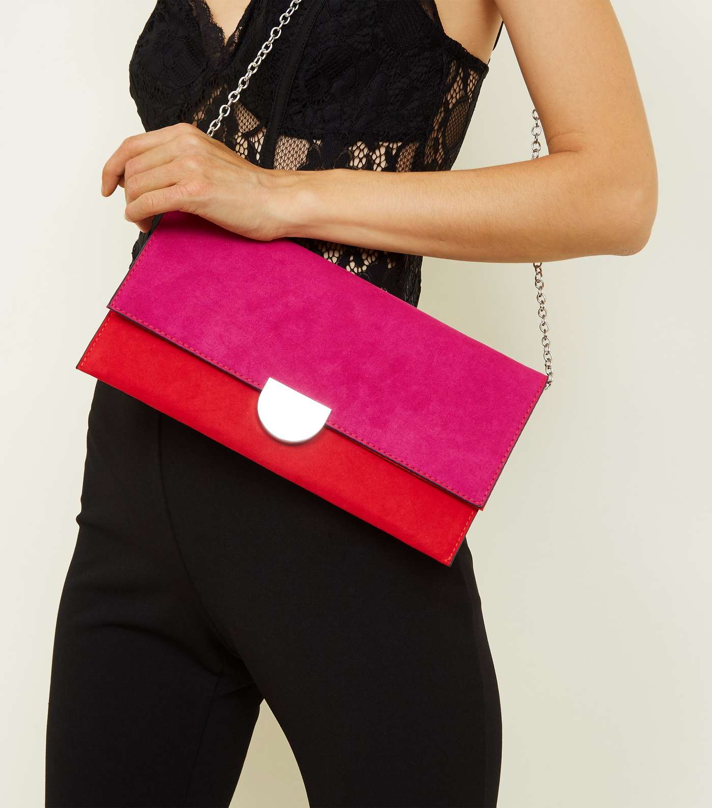 Red and Pink Colour Block Metal Detail Clutch Image 6