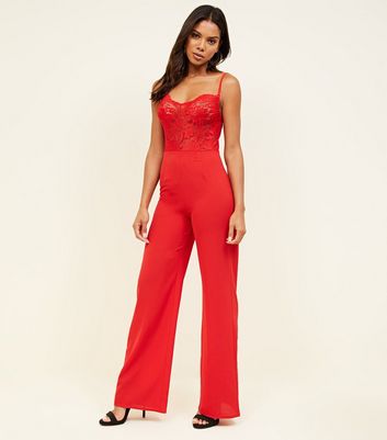 Red Lace Top Scallop Trim Jumpsuit New Look