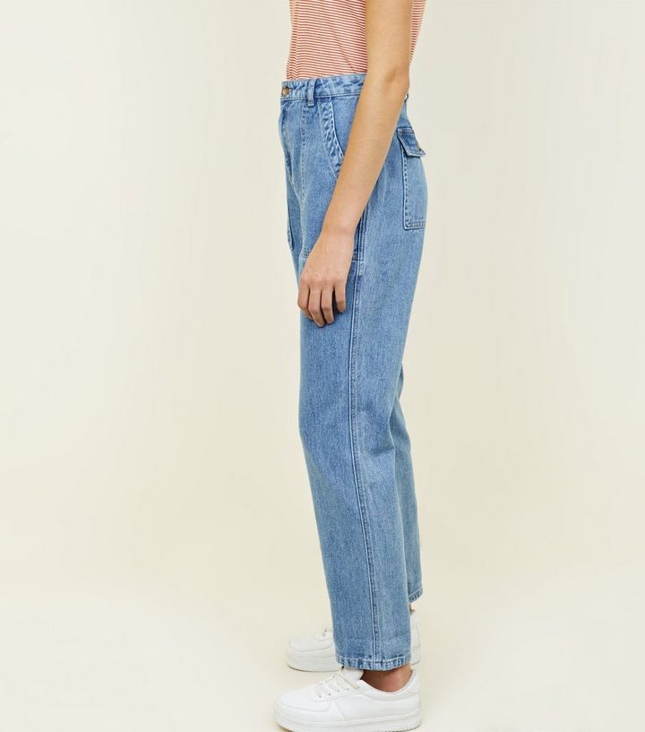 Blue Patch Pocket High Waist Boyfriend Jeans New Look