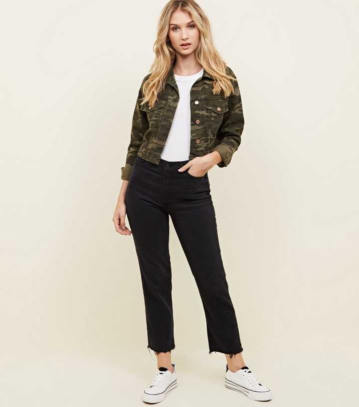 Khaki Camo Cropped Denim Jacket | New Look