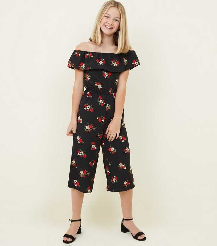 Girls Black Floral Frill Bardot Jumpsuit 