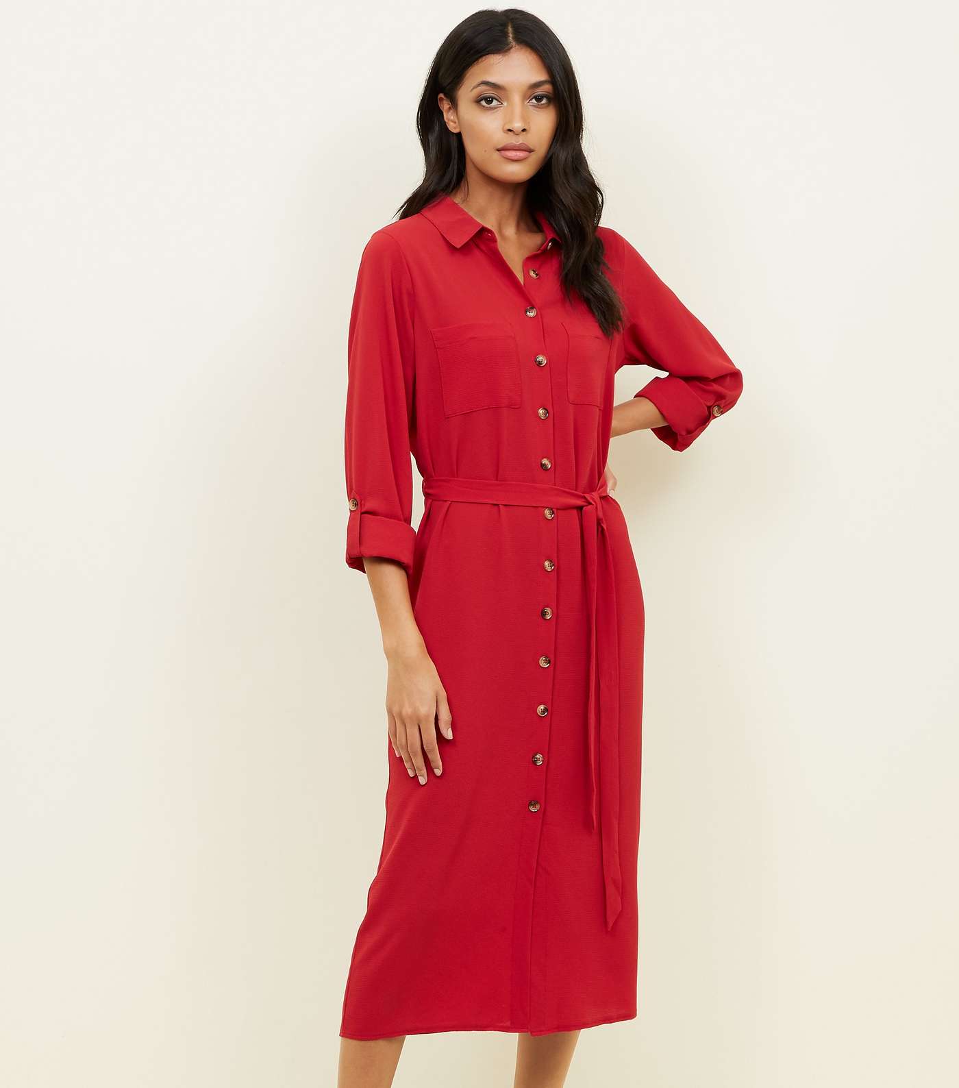 Red Long Sleeve Midi Shirt Dress