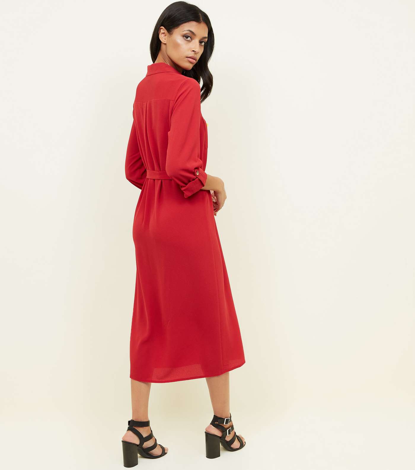 Red Long Sleeve Midi Shirt Dress Image 3