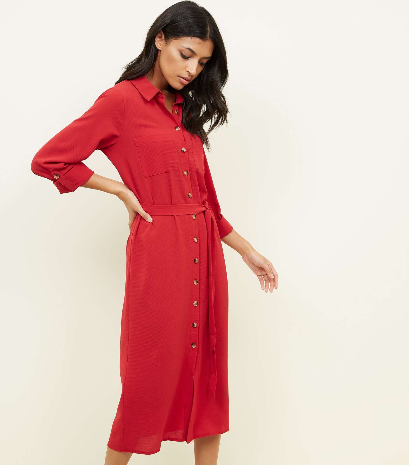 Red Long Sleeve Midi Shirt Dress Image 5