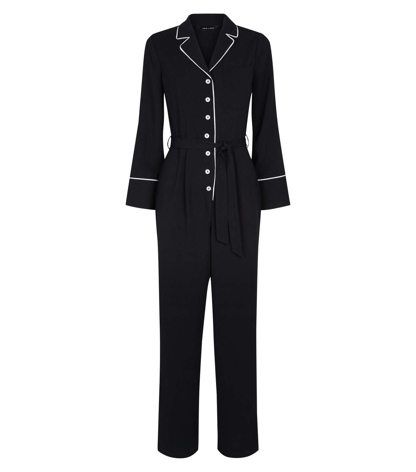 Black Contrast Piping Long Sleeve Belted Jumpsuit Image 4