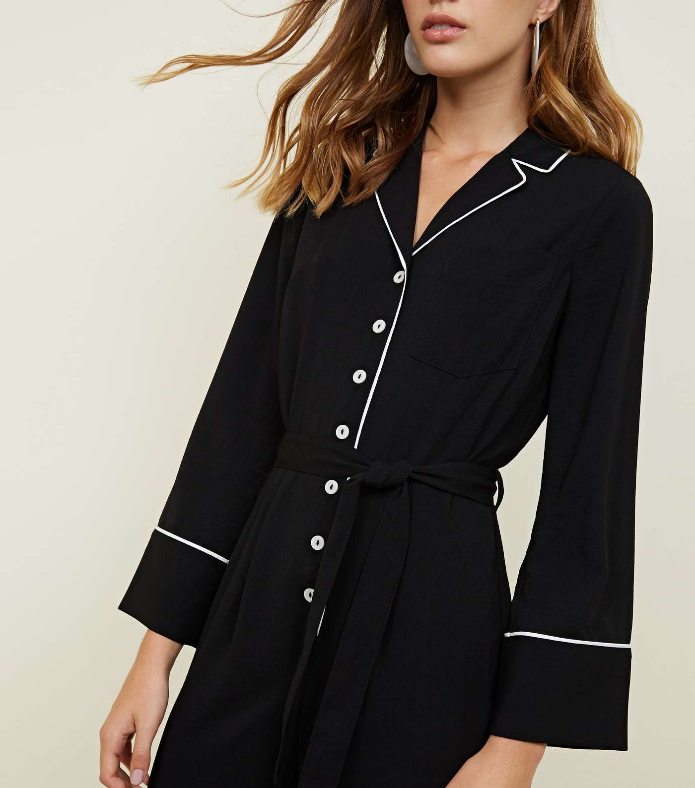 Black Contrast Piping Long Sleeve Belted Jumpsuit Image 2