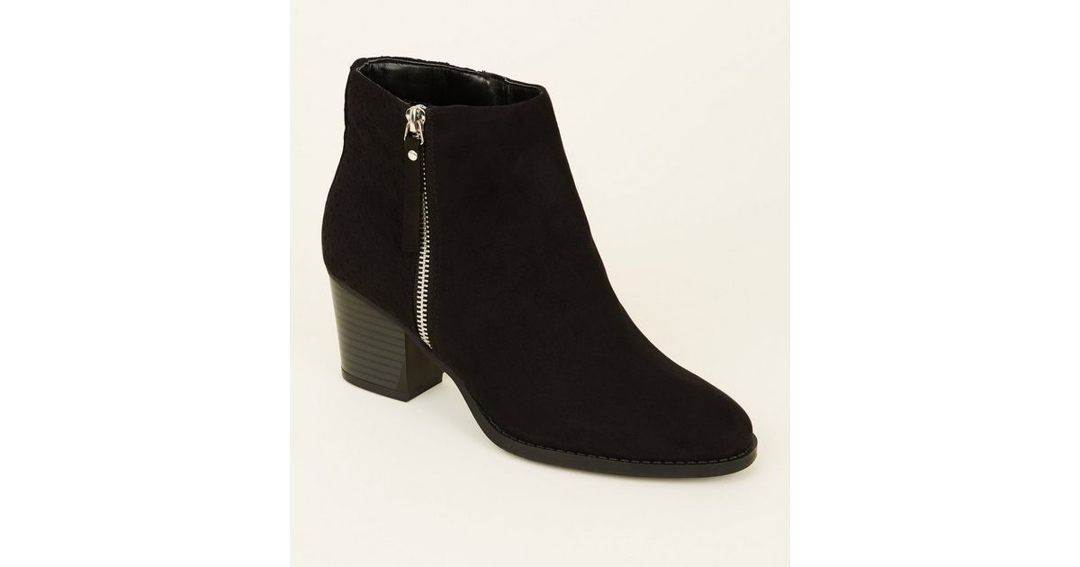 Wide Fit Black Suedette Laser Cut Ankle Boots | New Look