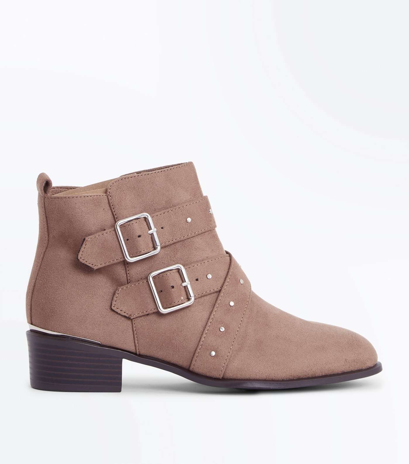 Wide Fit Light Brown Suedette Stud Strap Ankle Boots