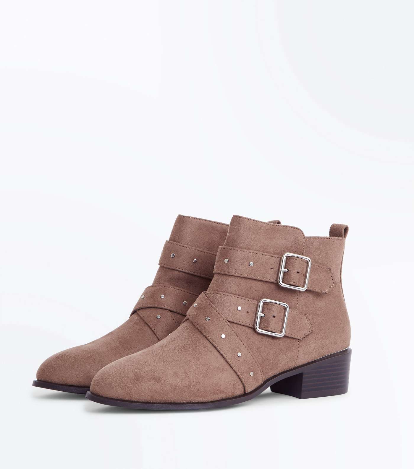 Wide Fit Light Brown Suedette Stud Strap Ankle Boots Image 3