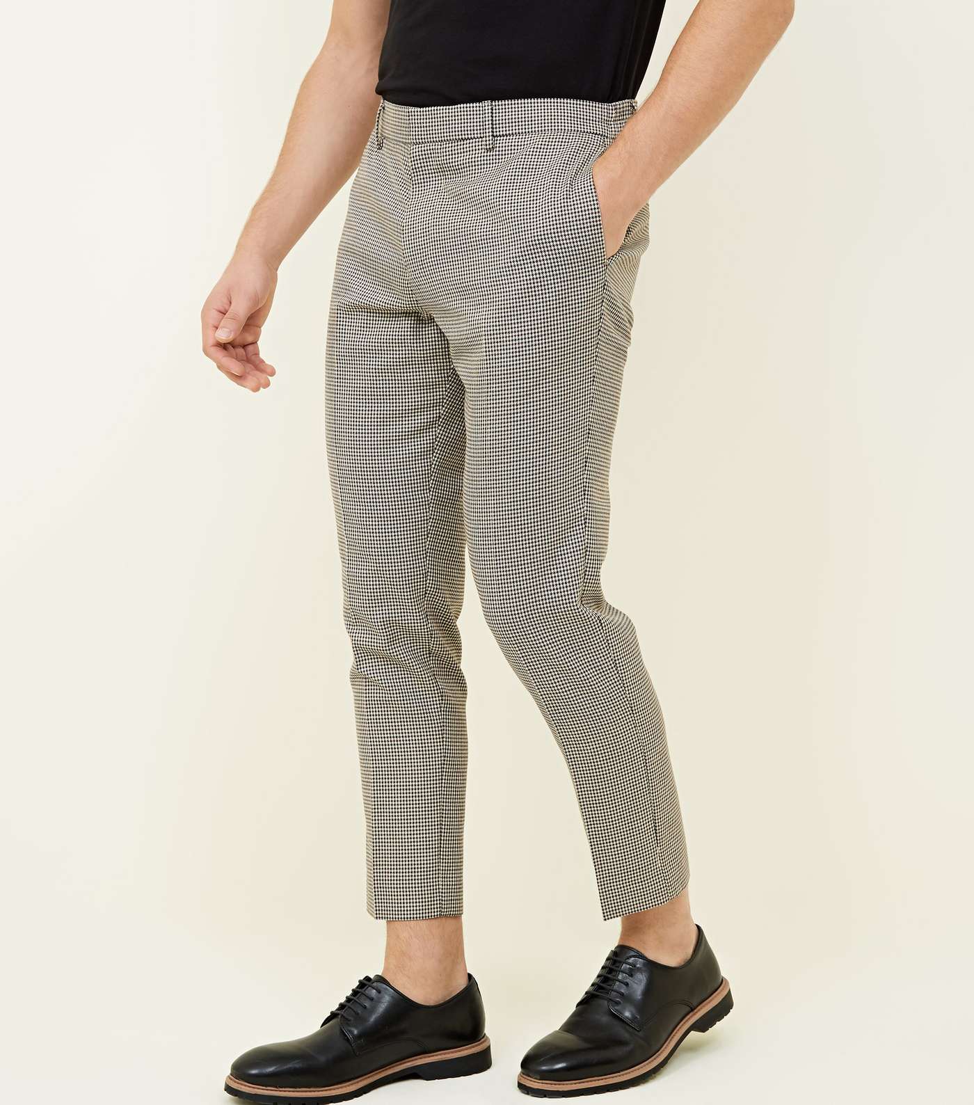Stone Houndstooth Check Slim Fit Trousers