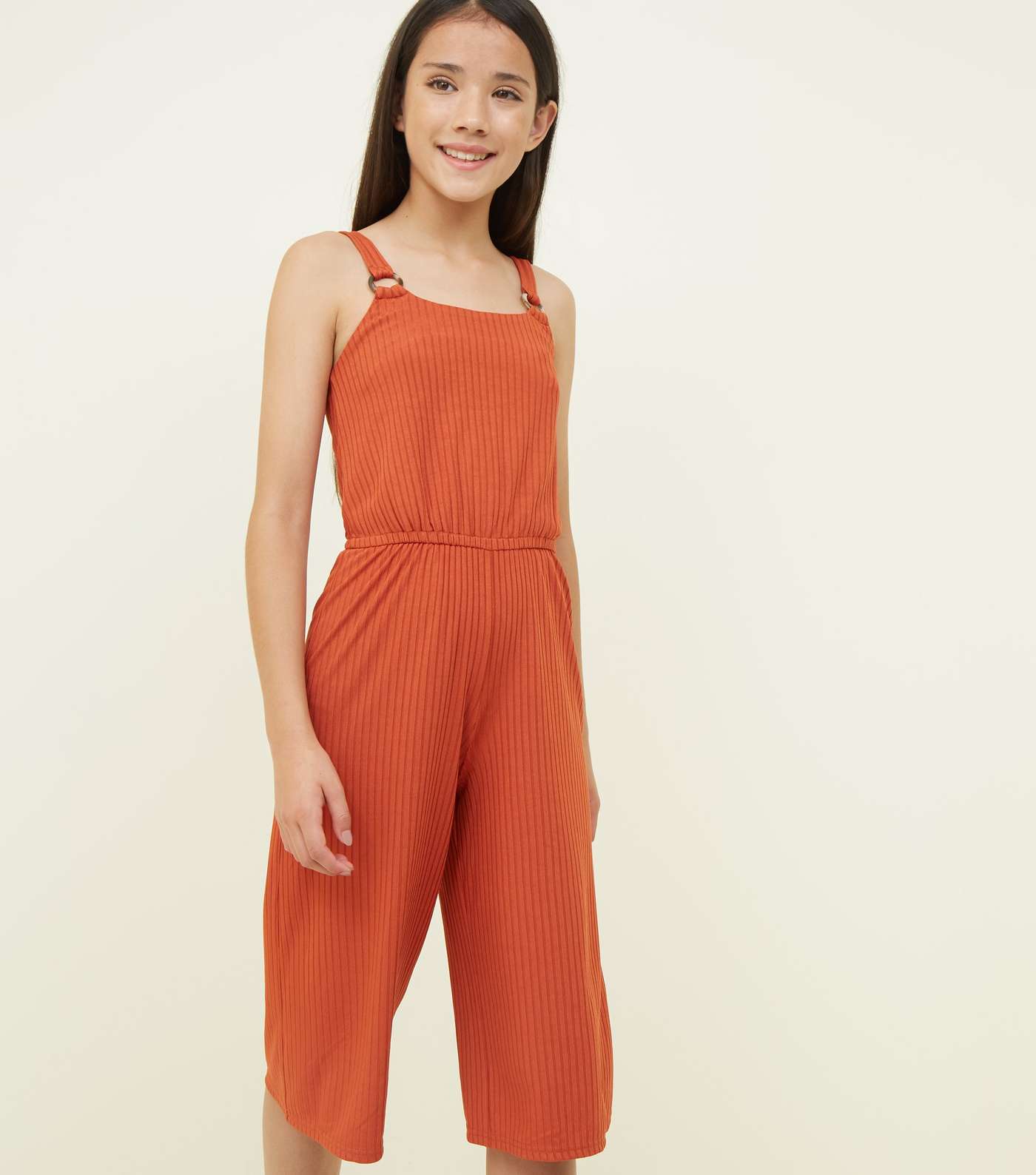 Girls Rust Ring Strap Ribbed Culotte Jumpsuit