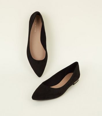 Black Suedette Metal Heel Pointed Ballet Pumps | New Look