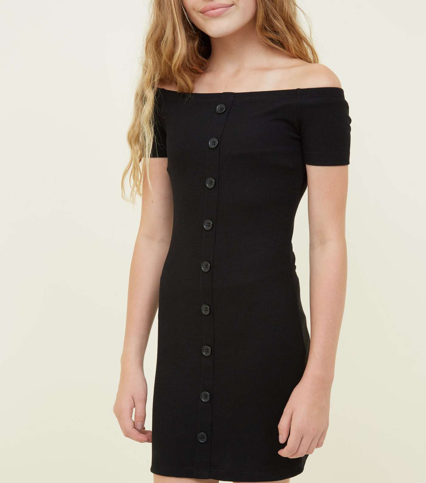Girls Black Ribbed Button Bodycon Dress  Image 5