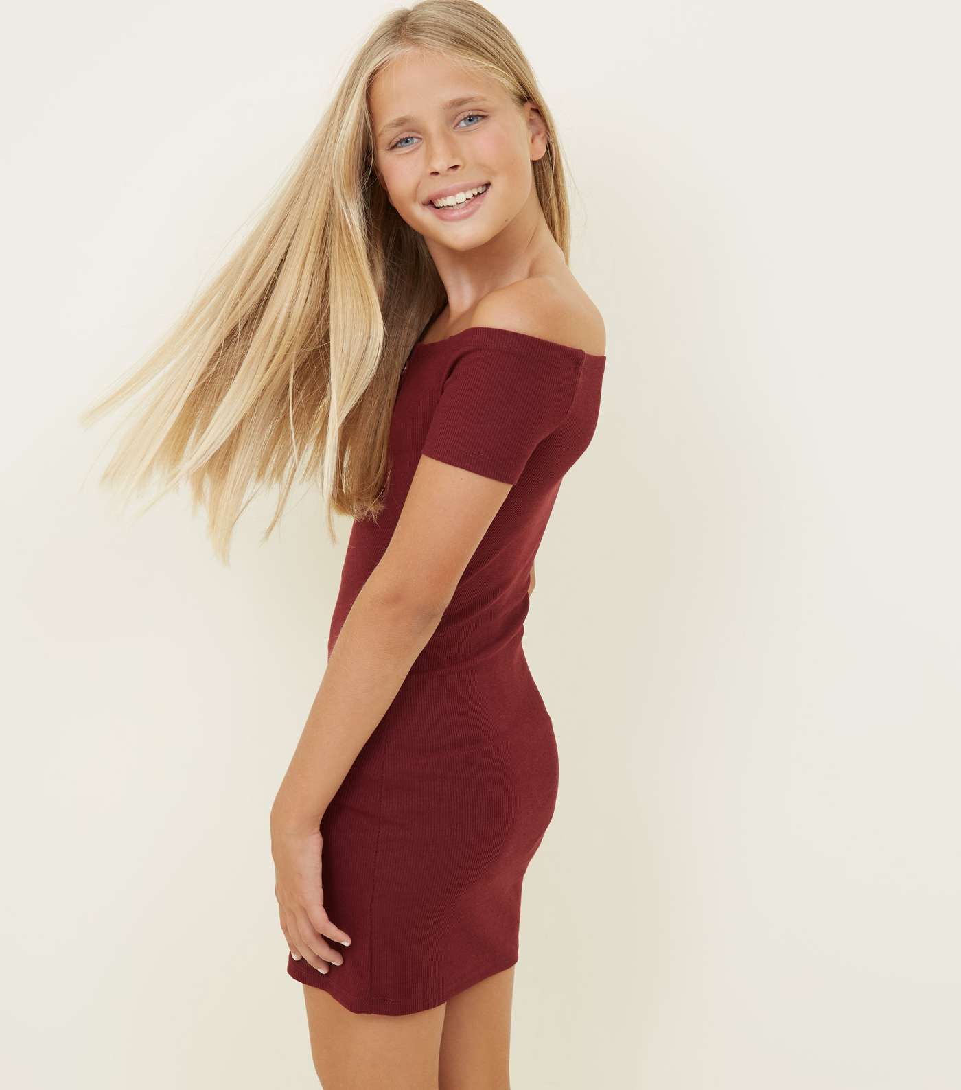 Girls Burgundy Ribbed Button Bodycon Dress  Image 3