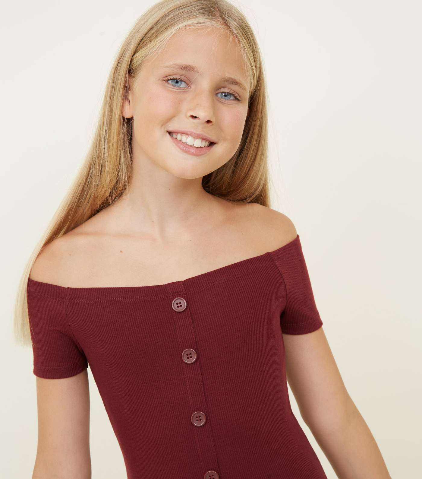 Girls Burgundy Ribbed Button Bodycon Dress  Image 5